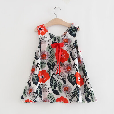 

Toddler Baby Kids Girls Sleeveless Floral Leaf Print Bow Dresses Casual Clothes