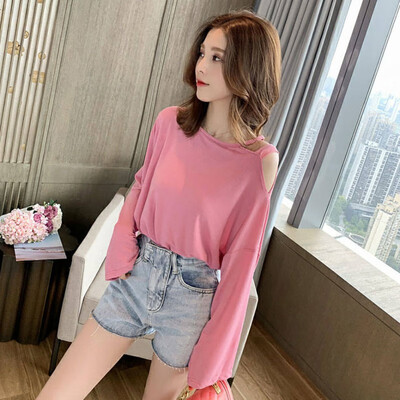 

Autumn Women T Shirt Sexy Round Collar Sexy Off-shoulder Slim Solid Color Thin Section Long Sleeve T-shirt Tops