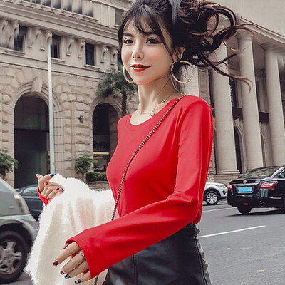 

Solid Colors Korean Style Women T-shirts O Neck Cotton Blend Tshirt Long Sleeve Loose T Shirt harajuku