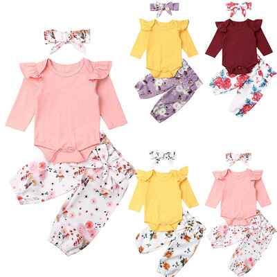

3PCS Newborn Infant Baby Girl Floral ruffle RomperPants Headband Outfit Clothes