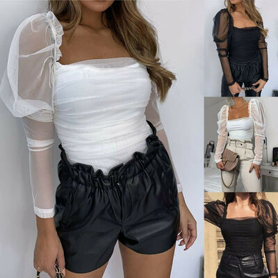 

Women Cropped Tops Sheer Tee Casual T-shirts Mesh Puff Sleeve Slim Fit Blouse