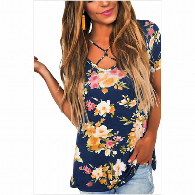

Cross-shaped cross-belt V-neck short-sleeved casual shirt T-shirt top