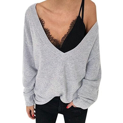 

Nomeni Womens Knitted Deep V-Neck Long Sleeve Wrap Front Loose Sweater Pullover Jumper