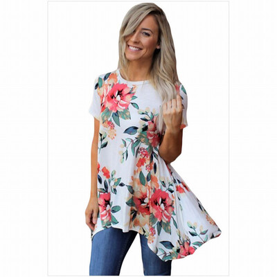 

Round neck short sleeve retro printed blouse midi top