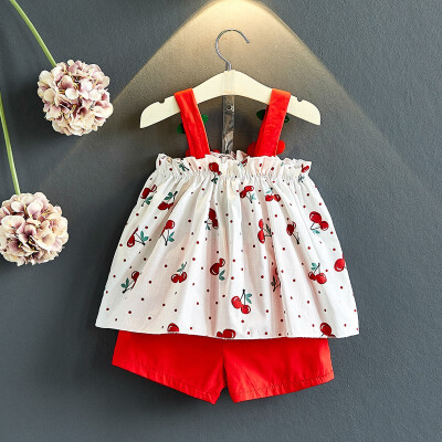 

Little-Seven Baby Girls Set 2019 Summer Female Baby Cotton Cherry Print Bib Short Skirt Two-Piece 6668