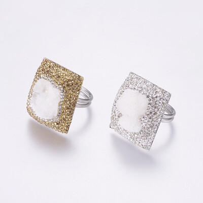 

304 Stainless Steel Rings with Polymer Clay Rhinestone Druzy Quartz Square Size 8 Platinum Mixed Color 18mm