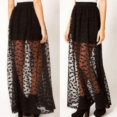 

New Women Sexy Black Mesh High Waist Polka Dot Sheer Casual Long Skirt
