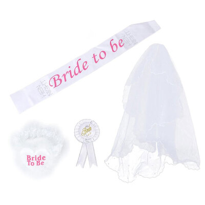 

4 PiecesSet Bride To Be White Rosette Mantilla Badge Sash Garter Veil Hen Night Party