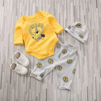 

Autumn Kids Baby Boy Lion Print Long Sleeve Tops Romper Pants Hat Casual Clothes