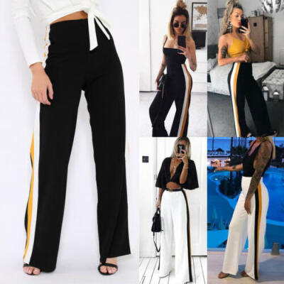 

Fashion Summer Women Casual High Waist Striped Wide Leg Long Pants Trousers