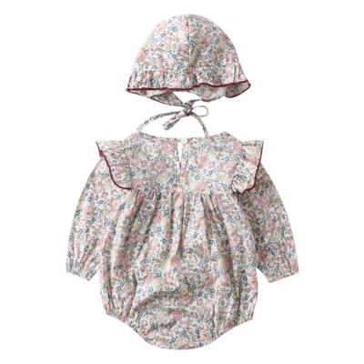 

Cute Infant Summer Round Collar Short Sleeve Floral Print Girls Jumpsuit Climb Soft CottonHat Two-piece Set 0-3Y Newborn Clothe