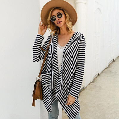 

Women Hooded Cardigan Coat Striped Print Open Front Long Sleeves Asymmetrical Spring Autumn Casual Hood Coat