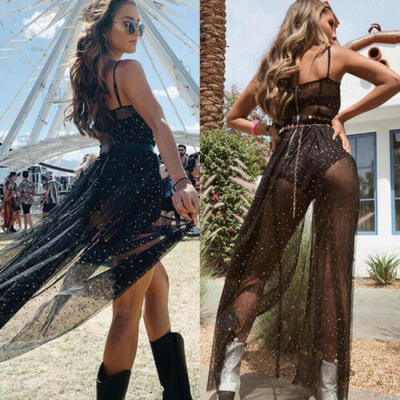 

Women Mesh Sheer Maxi Dress Skirt Beach Tulle Transparent See Through Dress US