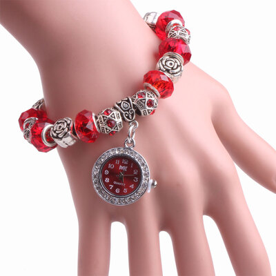 

Pan home red artificial crystal beaded bracelet bracelet watch ladies watch