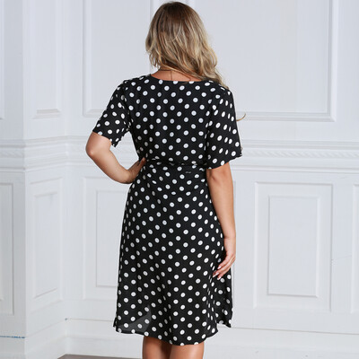 

Women Polka Dot Chiffon Dress Deep V Neck Short Sleeves Cross Overlap Vintage Dress Plus Size Black