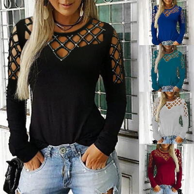 

2019 new ebay Amazon wish AliExpress woman long-sleeved hollow diamond T-shirt Dark