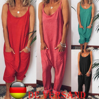 

DE Damen Latzhose Dungarees Trägerhose Harem Leinen Lange Hose Overall Jumpsuit