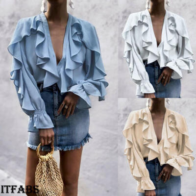 

Women Ruffle Bell Sleeve Loose Top Chiffon Casual Office Plain Tee Shirt Blouse