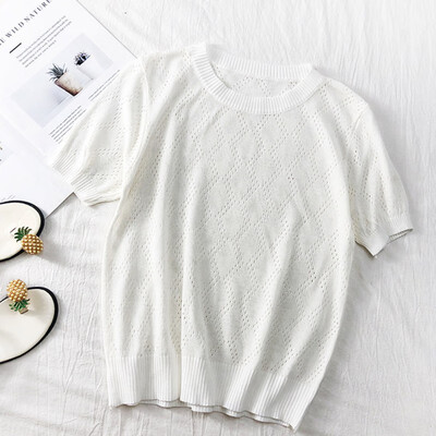 

Elegant Summer Autumn Woman T-Shirt Hollow Crochet Flower Thin Short-Sleeved Round Neck Pullover Knit Comfort T Shirt