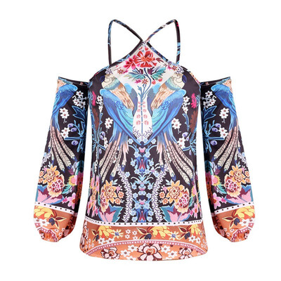 

Fashion Ethnic styleWomen Floral Off-the-shoulder Strap Print Long Lantern Sleeve Halter Neck Cold Shoulder T-Shirt Tops