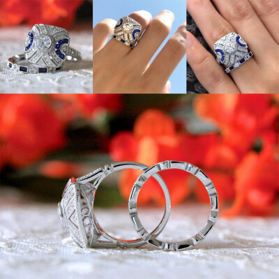 

Blue Rhinestone Ring Set Silver Fashion Jewelry Womens Accessories Wedding Rings Pair With Engagement Band