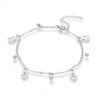 

304 Stainless Steel Charm Anklets Heart&Round Stainless Steel Color 9-14"235cm 2mm