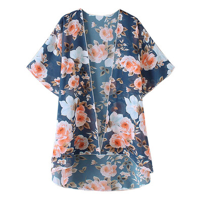 

Women Chiffon Kimono Colorful Floral Print Low High Irregular Hemline Open Front Half Sleeve Beach Bikini Cover Up