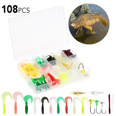

108pcs Fishing Tackle Set Artificial Soft Bait Grub Earthworm Lures Swimbaits Jig Hooks Set with Tackle Box