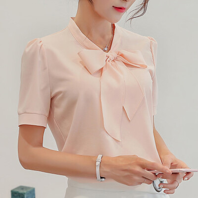 

Starmoon Women Summer Work Office Short Sleeve Bow Tie Solid Chiffon Blouse Tee Shirt Top