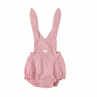 

Summer baby girl romper solid color pink lace long eared rabbit embroidered halter romper for 0-18M