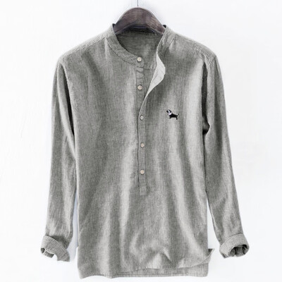 

Toponeto Mens Baggy Stripe Embroidery Cotton Linen Long Sleeve Button Plus Size T Shirts