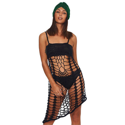 

Boho Women Bikini Cover Up Crochet Patterns Solid Hollow Out Sleeveless Asymmetric Loose Beach Wear