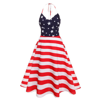 

Lady Fashionable Stripe Halter Vintage Flag Printing V-neck Sleeveless Hammock Dress for Women