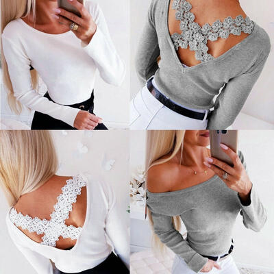 

Autumn Women Casual Blouse Backless Lace Cross Long Sleeve knitting Tops Shirt