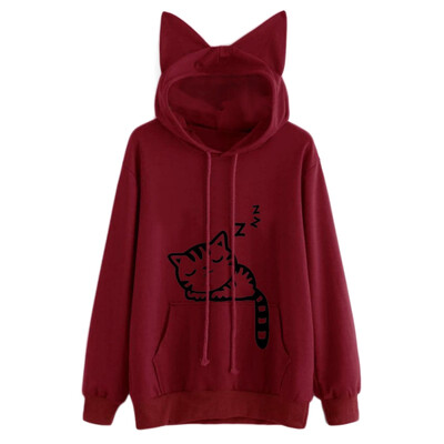 

Fashion Womens Cat Printed Long Sleeve Hoodies Pullovers Autumn Winter Cat Ear Hooded Sweatshirts Tops