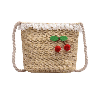 

Women Straw Crossbody Bag Lovely Cherry Lace Bucket Bags Ladies Small Vintage Woven Messenger Shoulder Bag YJ