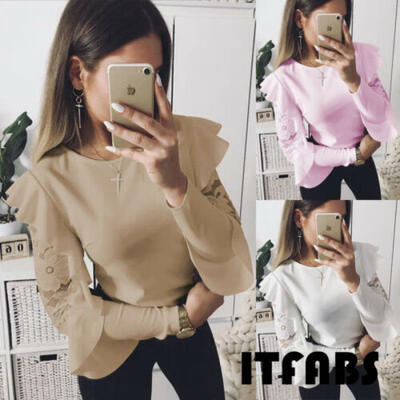

ITFABS Trend New Women Lace Crochet Floral Bell Sleeve Loose Blouse Tops Shirt