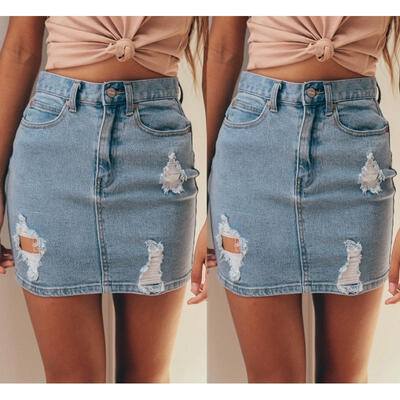 

Womens Denim High Waisted Bodycon Celeb Pencil Ripped Frayed Jeans Midi Skirt