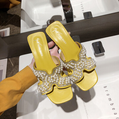 

Cold slippers slip-on shoes pearl H slippers wear fashion high heels&a word with a word