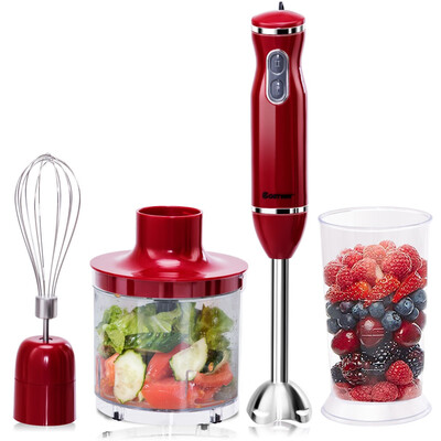 

4-in-1 Immersion Hand Blender Set w Food Chopper&Beaker-Red