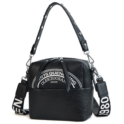 

Semicircle letter printing pattern women crossbody bag Rivet hand strap shoulder bag zipper Cube pleated pu leather soft handbag
