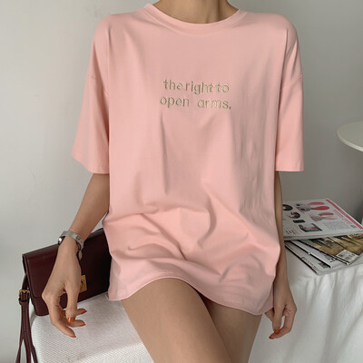 

T Shirt Women Long T shirts Letter Print Short sleeve Summer Girls Loose Femme Top Tshirt Plus size Lady shirt Solid Basic
