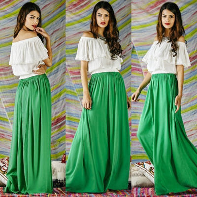 

Fashion New Women Vintage High Waist Pleated Full Skirt Retro Long Maxi Elastic Skirt Green Top blouse not included