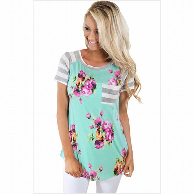 

Multicolor round neck short sleeve coral lace stripe casual chic straight top