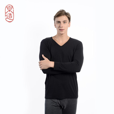 

JZAO mens thermal underwear heating fiber thin section Slim long-sleeved T-shirt black V-neck M code