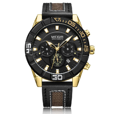 

MEGIR Fashion Genuine Leather Men Sport Watch 3ATM Water-resistant Quartz Luminous Wristwatch Man Relogio Musculino Chronograph