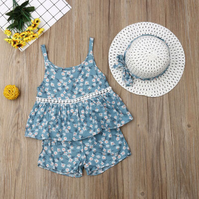 

Summer Baby Kids Girls Toddler Dress TopsShort Pants Hat Outfits Clothes Set