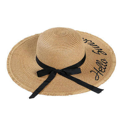 

Letter Embroidered Bowknot Large Brim Straw Cap Women Beach Visor Sun Hat