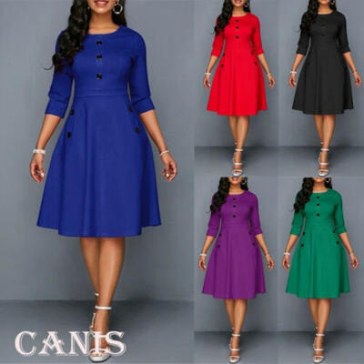

Summer Women Vintage A-Line Dress Tunic Long Long Sleeve Solid Print Sundress