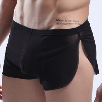 

Mens Sexy Lingerie Bugle Short See-through Mesh Boxer Briefs Split Thongs Pants